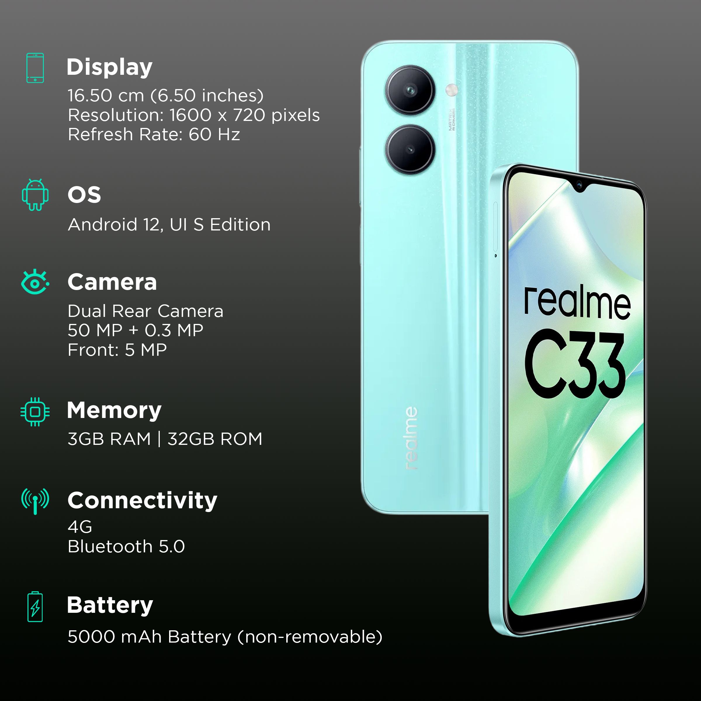Buy realme C33 (3GB RAM, 32GB, Aqua Blue) | With 10W Fast Charger ...